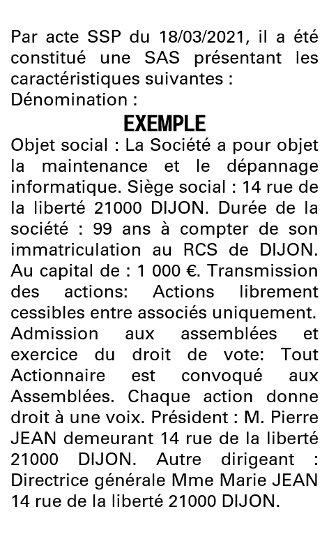 Modèle annonce légale de constitution SAS Côte-d'Or