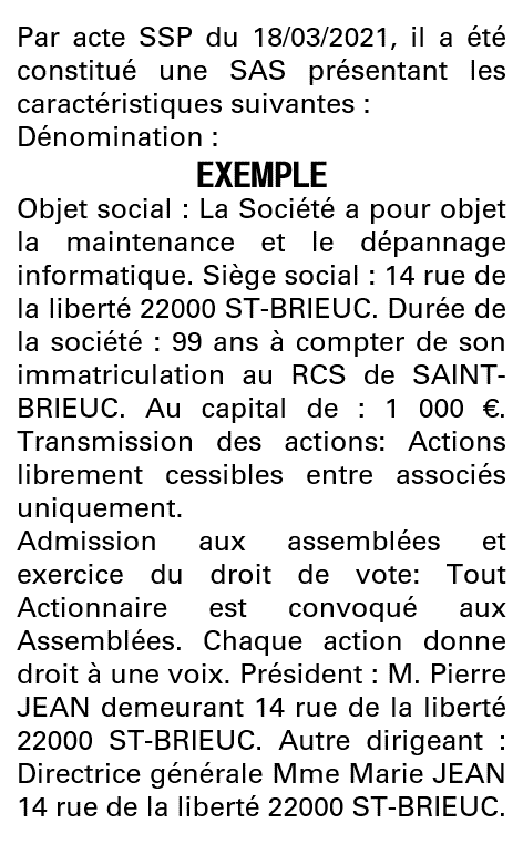 Modèle annonce légale de constitution SAS Côtes-d'Armor