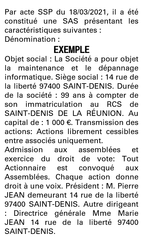 Modèle annonce légale de constitution SAS La Réunion
