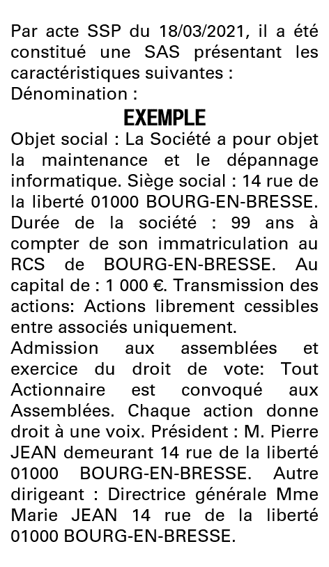 Modèle annonce légale de constitution SAS Ain