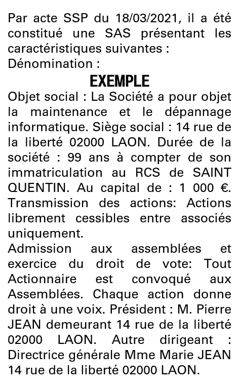 Modèle annonce légale de constitution SAS Aisne
