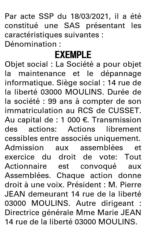 Modèle annonce légale de constitution SAS Allier