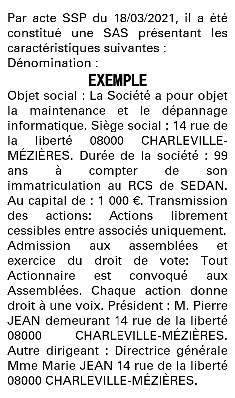 Modèle annonce légale de constitution SAS Ardennes