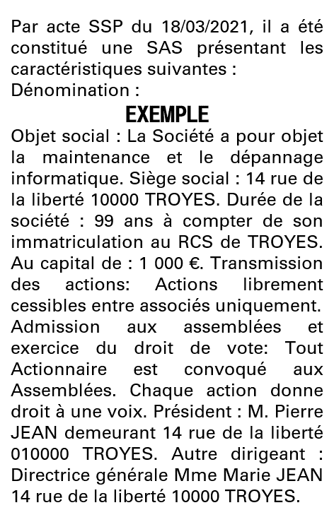 Modèle annonce légale de constitution SAS Aube