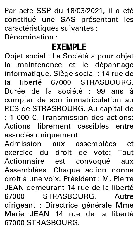Modèle annonce légale de constitution SAS Bas-Rhin