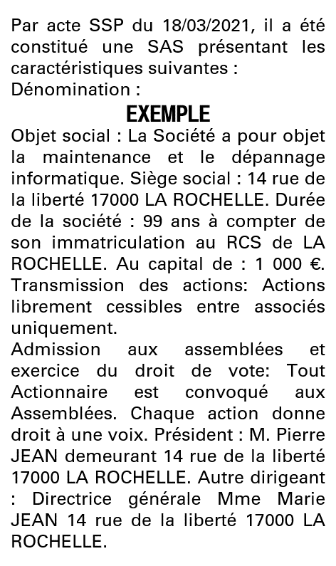 Modèle annonce légale de constitution SAS Charente-Maritime
