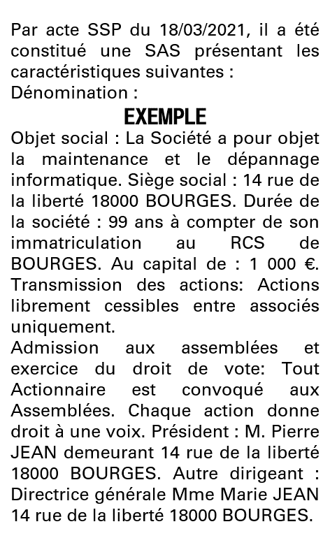 Modèle annonce légale de constitution SAS Cher