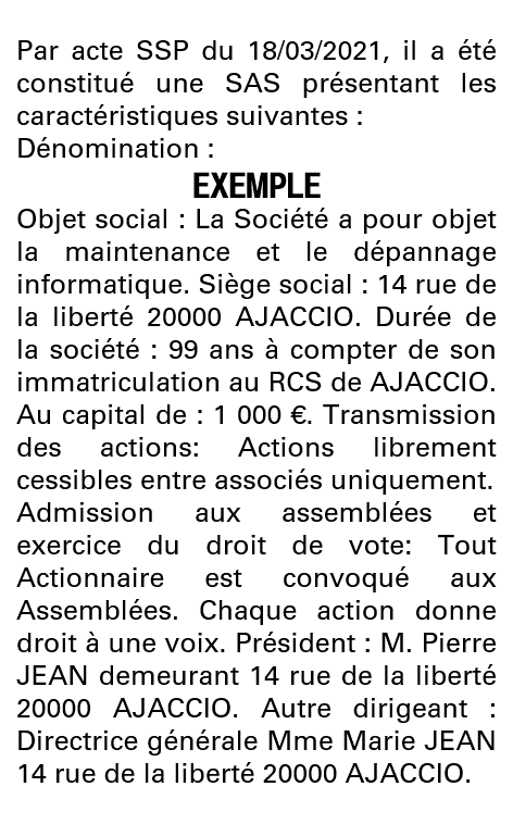 Modèle annonce légale de constitution SAS Corse-du-Sud