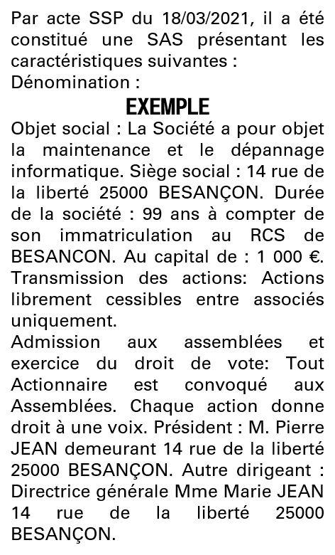 Modèle annonce légale de constitution SAS Doubs