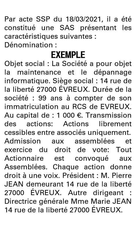 Modèle annonce légale de constitution SAS Eure