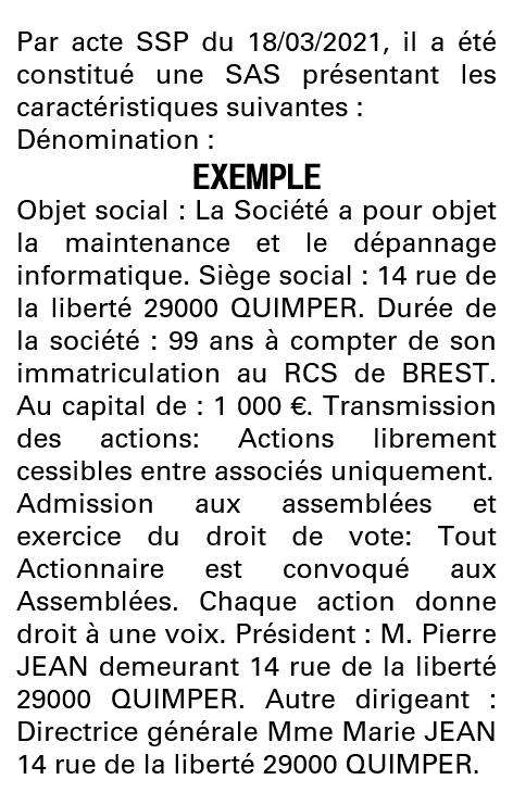 Modèle annonce légale de constitution SAS Finistère