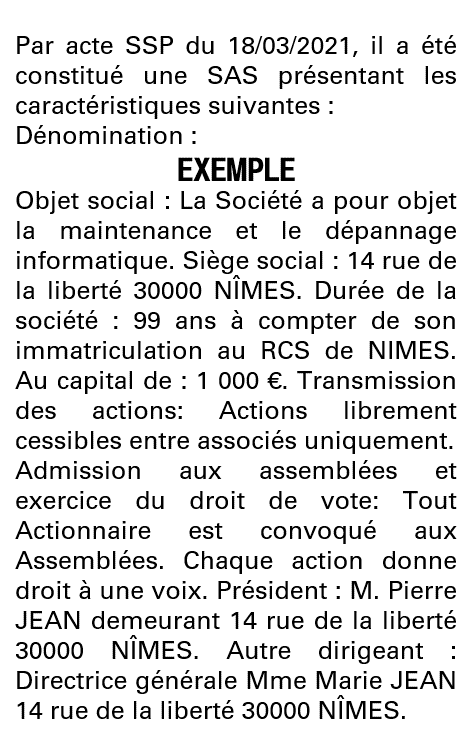 Modèle annonce légale de constitution SAS Gard