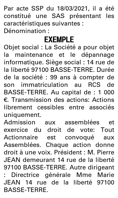 Modèle annonce légale de constitution SAS Guadeloupe