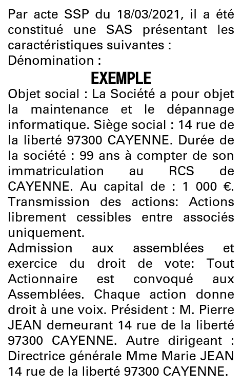 Modèle annonce légale de constitution SAS Guyane