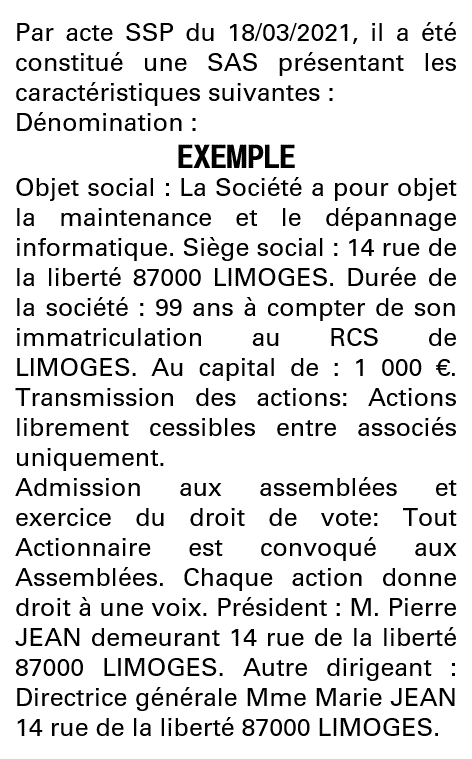 Modèle annonce légale de constitution SAS Haute-Vienne