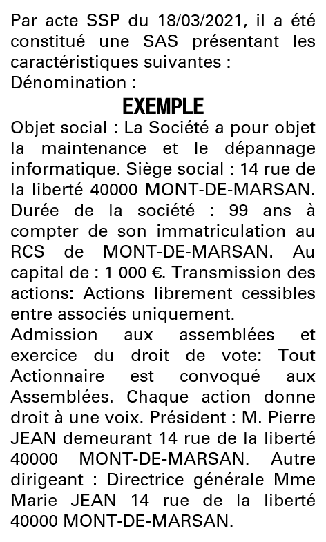 Modèle annonce légale de constitution SAS Landes