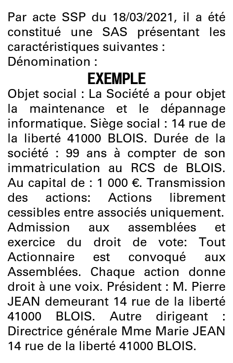 Modèle annonce légale de constitution SAS Loir-et-Cher