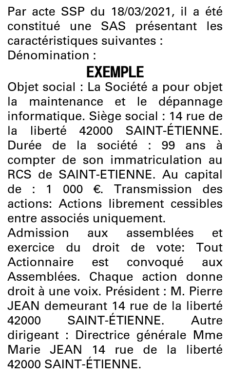 Modèle annonce légale de constitution SAS Loire