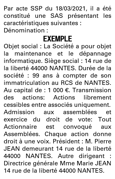 Modèle annonce légale de constitution SAS Loire-Atlantique