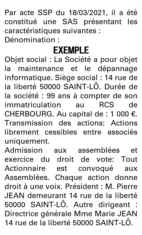 Modèle annonce légale de constitution SAS Manche