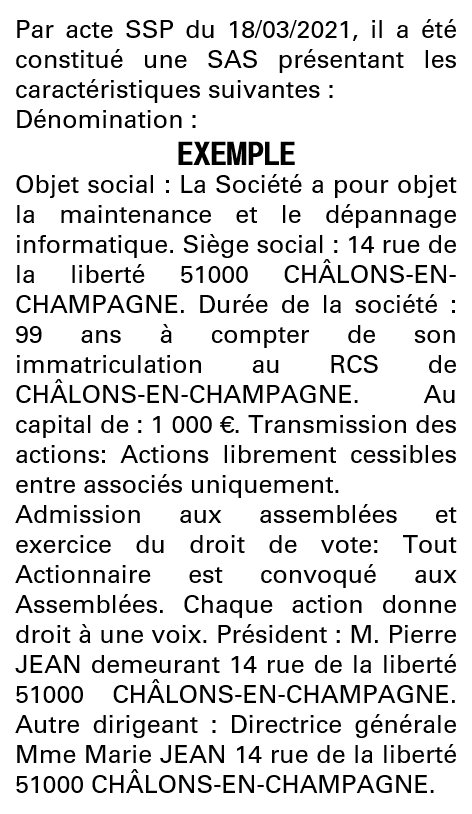 Modèle annonce légale de constitution SAS Marne