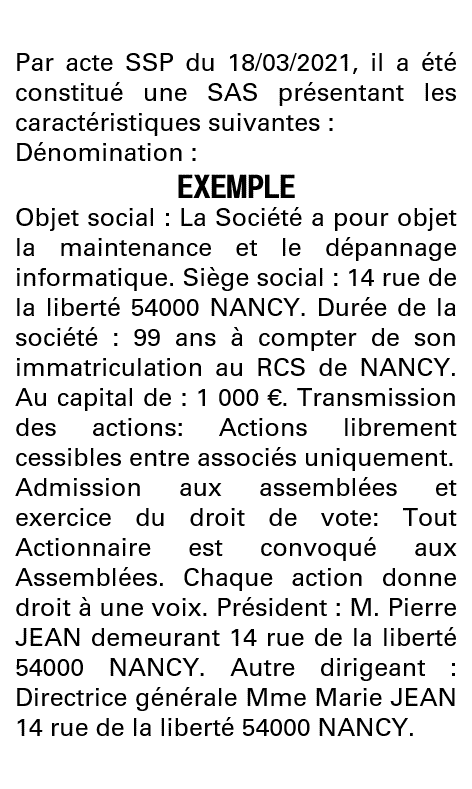 Modèle annonce légale de constitution SAS Meurthe-et-Moselle