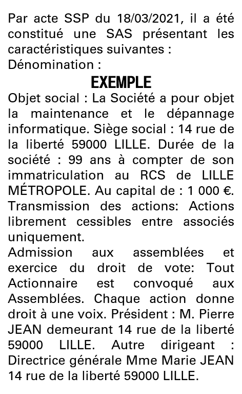 Modèle annonce légale de constitution SAS Nord