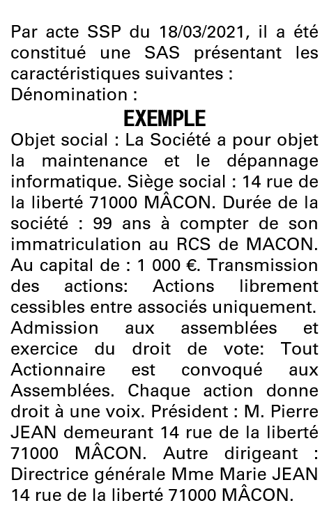 Modèle annonce légale de constitution SAS Saône-et-Loire