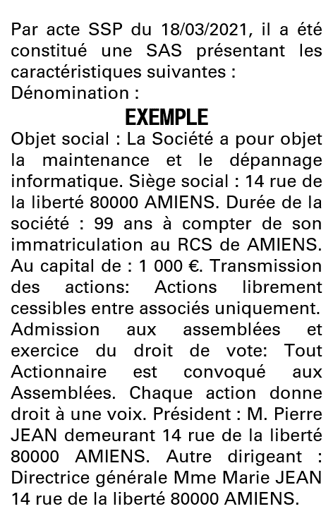 Modèle annonce légale de constitution SAS Somme