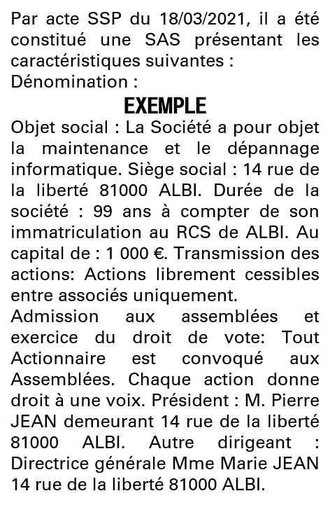 Modèle annonce légale de constitution SAS Tarn