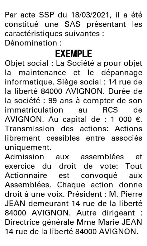 Modèle annonce légale de constitution SAS Vaucluse