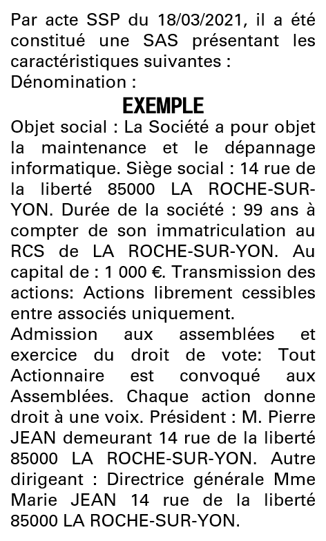 Modèle annonce légale de constitution SAS Vendée