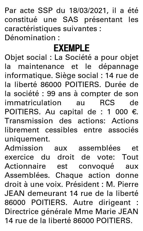 Modèle annonce légale de constitution SAS Vienne
