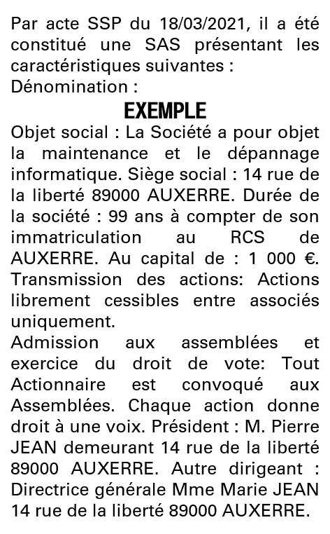 Modèle annonce légale de constitution SAS Yonne
