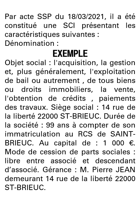 Modèle annonce légale de constitution SCI Côtes-d'Armor