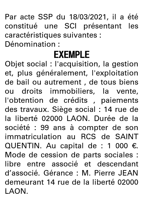 Modèle annonce légale de constitution SCI Aisne