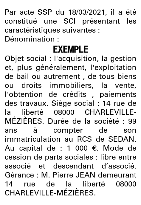 Modèle annonce légale de constitution SCI Ardennes