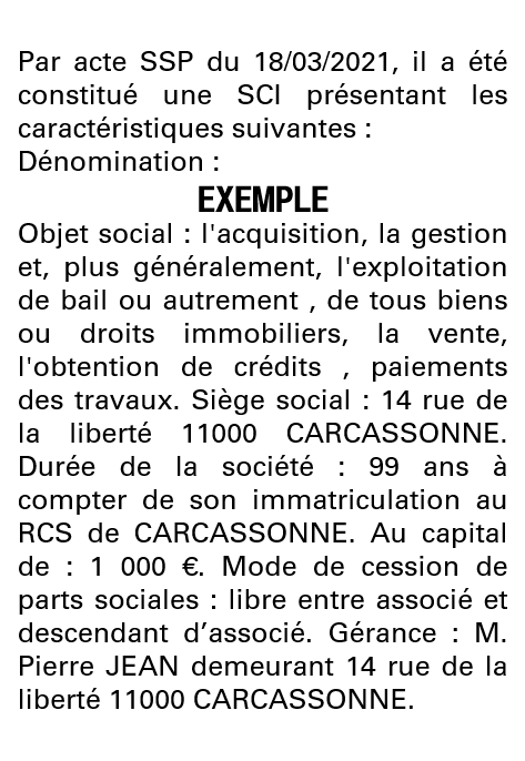 Modèle annonce légale de constitution SCI Aude