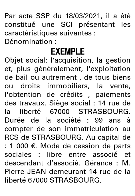 Modèle annonce légale de constitution SCI Bas-Rhin