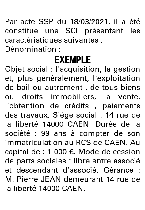 Modèle annonce légale de constitution SCI Calvados