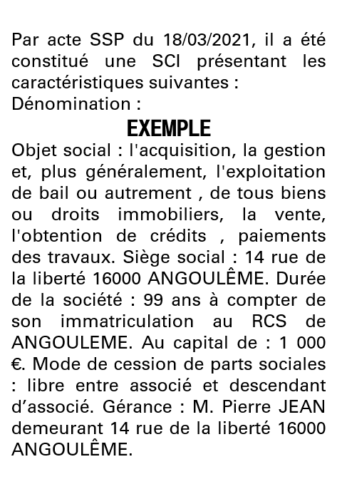 Modèle annonce légale de constitution SCI Charente