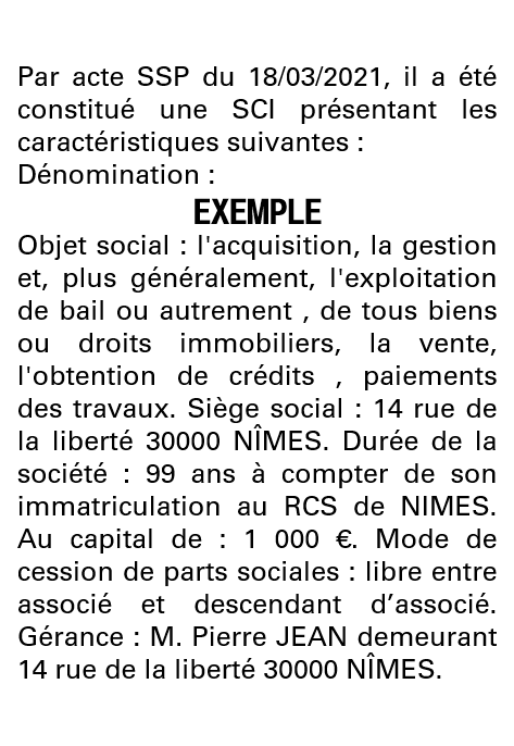 Modèle annonce légale de constitution SCI Gard