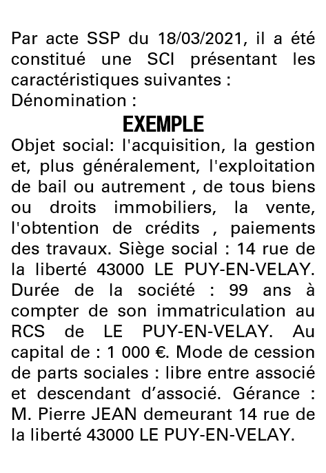 Modèle annonce légale de constitution SCI Haute-Loire