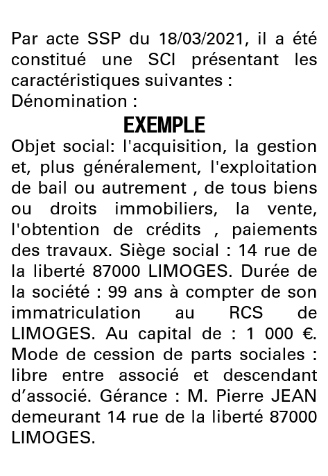 Modèle annonce légale de constitution SCI Haute-Vienne