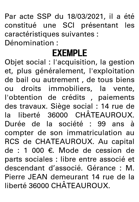 Modèle annonce légale de constitution SCI Indre