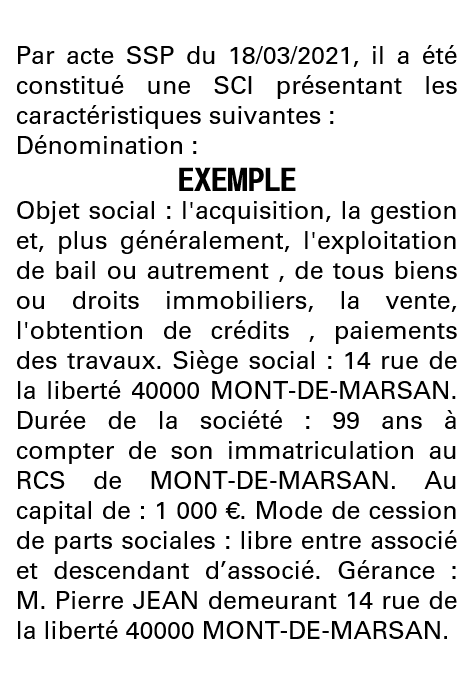 Modèle annonce légale de constitution SCI Landes