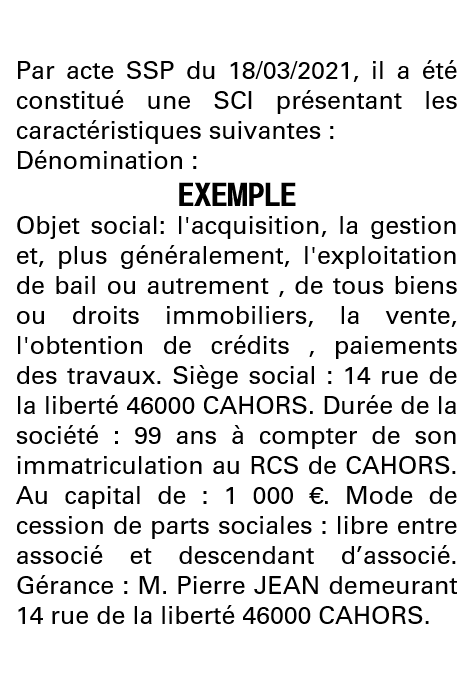 Modèle annonce légale de constitution SCI Lot