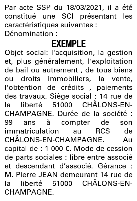 Modèle annonce légale de constitution SCI Marne