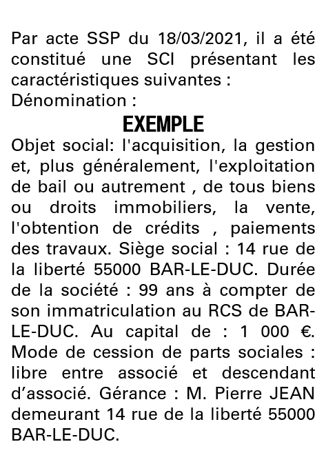 Modèle annonce légale de constitution SCI Meuse