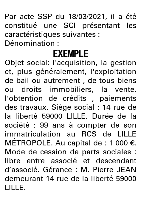 Modèle annonce légale de constitution SCI Nord